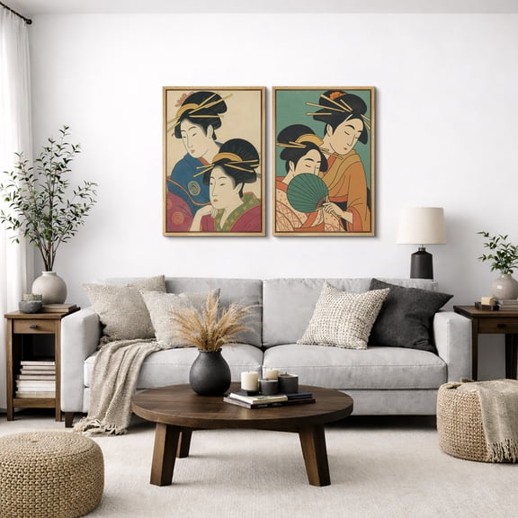 Framed Canvas Print Japanese Women Portrait Wall Art Set of 2 Japandi Decorative for Living Room Bedroom - 16"x24"x2 NATURAL