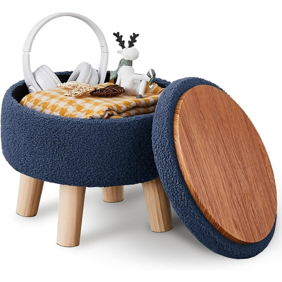 Storage Ottoman, Modern Round Footrest with Soft Padded Seat, Teddy Velvet Footstool with Wood Legs, Accent Small Table or Plant Stand for Hallway, Living Room (Grey-Blue)