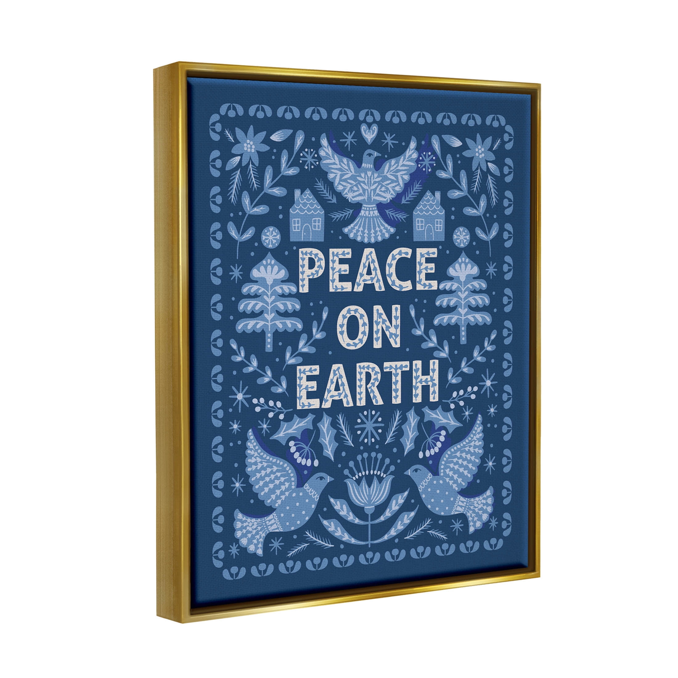 Peace On Earth Blue Doves Holiday Graphic Art Metallic Gold Framed Art Print Wall Art
