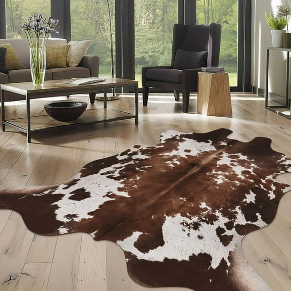 Cow Hide Faux Cowhide Rug 4.6x5.2 Feet Animal Print Skin Black and Brown Western Low Pile Microfiber TP Rubber Suede Realistic Texture for Living Room Bedroom Luxurious Decor