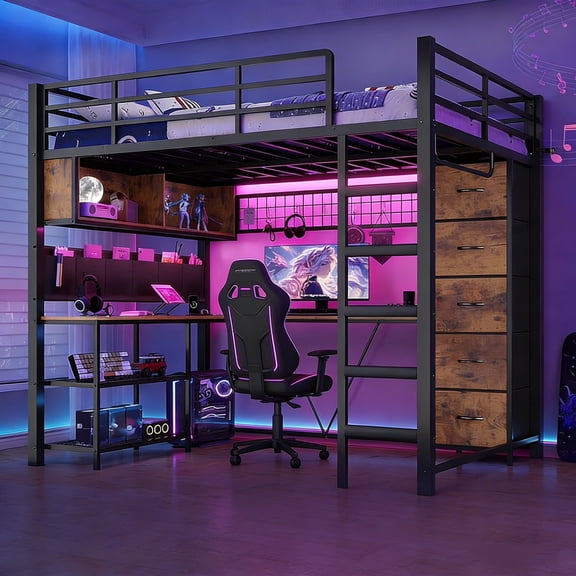 Full Size Loft Bed with L-Shaped Desk & 5 Storage Drawers, LED Metal Loft Bed with Open Shelves & Clothes Hanging Rail, Black