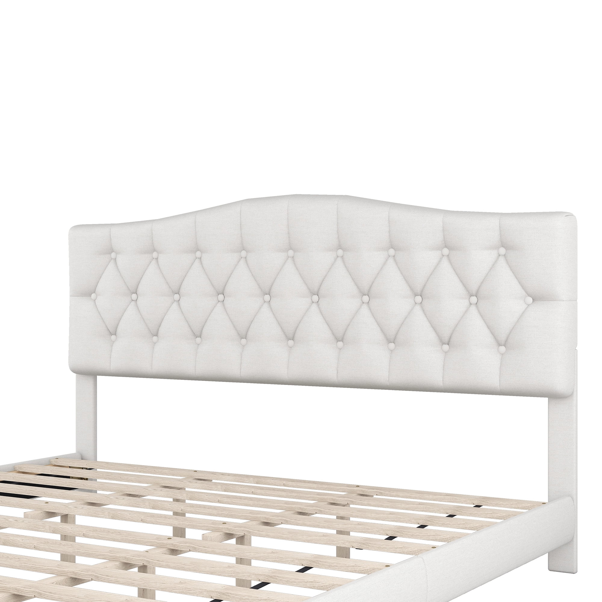 MAYEERTY King Upholstered Platform Bed Saddle Curved Headboard Diamond Tufted for Bedroom Beige