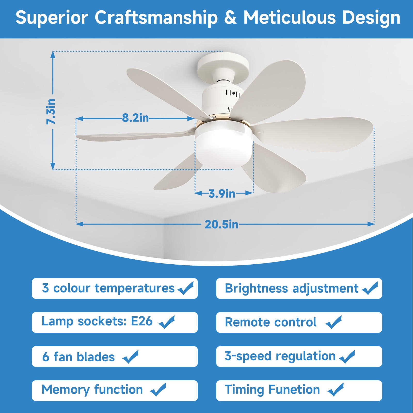 Socket Fan Light with Remote - 20'' Modern Small Ceiling Fans with Lights, 2200 Lumens Dimmable Led Bulb, 3 Colors 3000K-6500K, Easy Install Screw in E26 Base for Bedroom Living Room Kitchen Garage