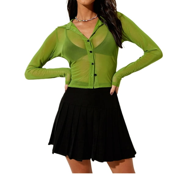 Camisa transparente de mujer con botones, blusa de malla de manga larga con botones (verde / S) Nituyy camisa-GLKJ5384-FF73297C1