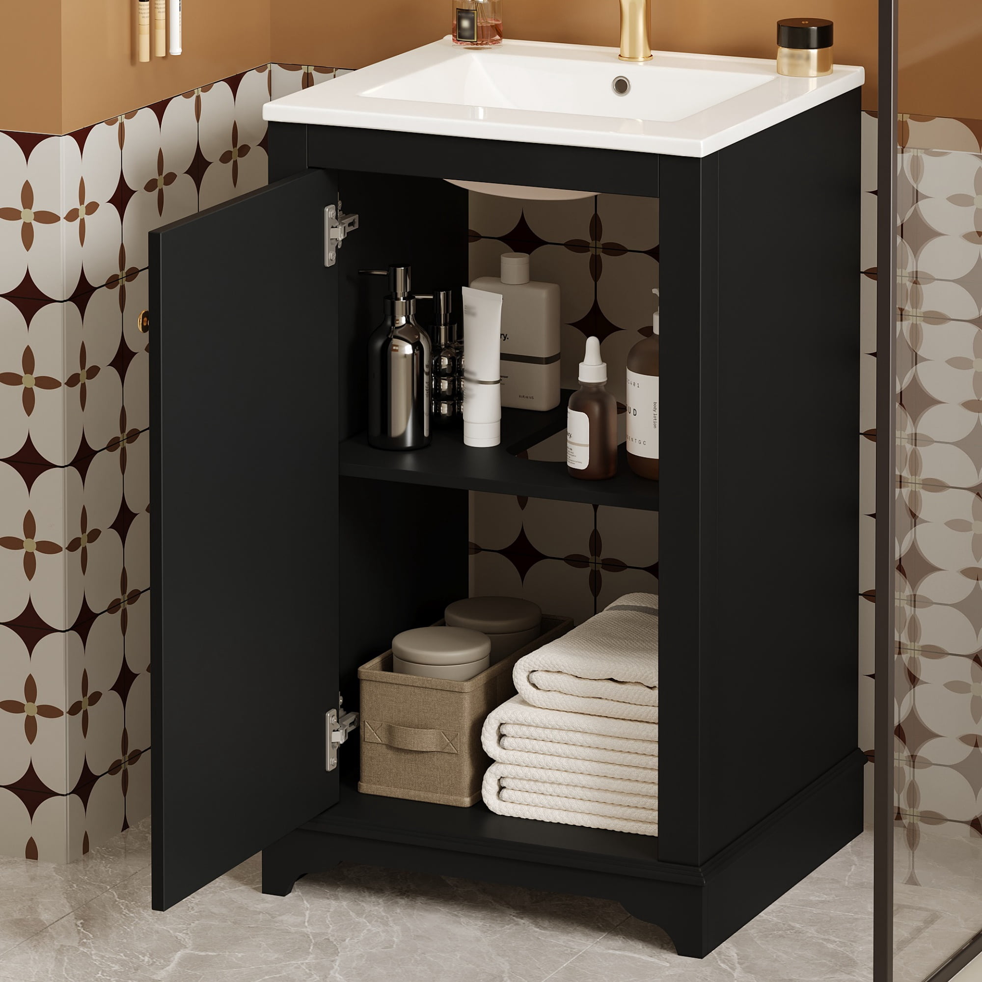 Euroco 20-inch Bathroom Vanity with Ceramic Sink, Freetanding Single Vanity Set with Soft Closing Door, adjustable shelf, Modern Style, Black.