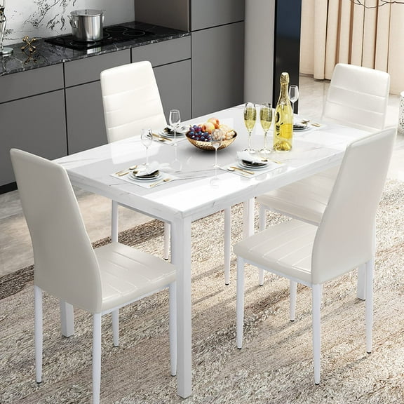 AWQM 5 Piece Metal Dining Table Set with Faux Marble Tabletop, Dining Table with Chairs, Black