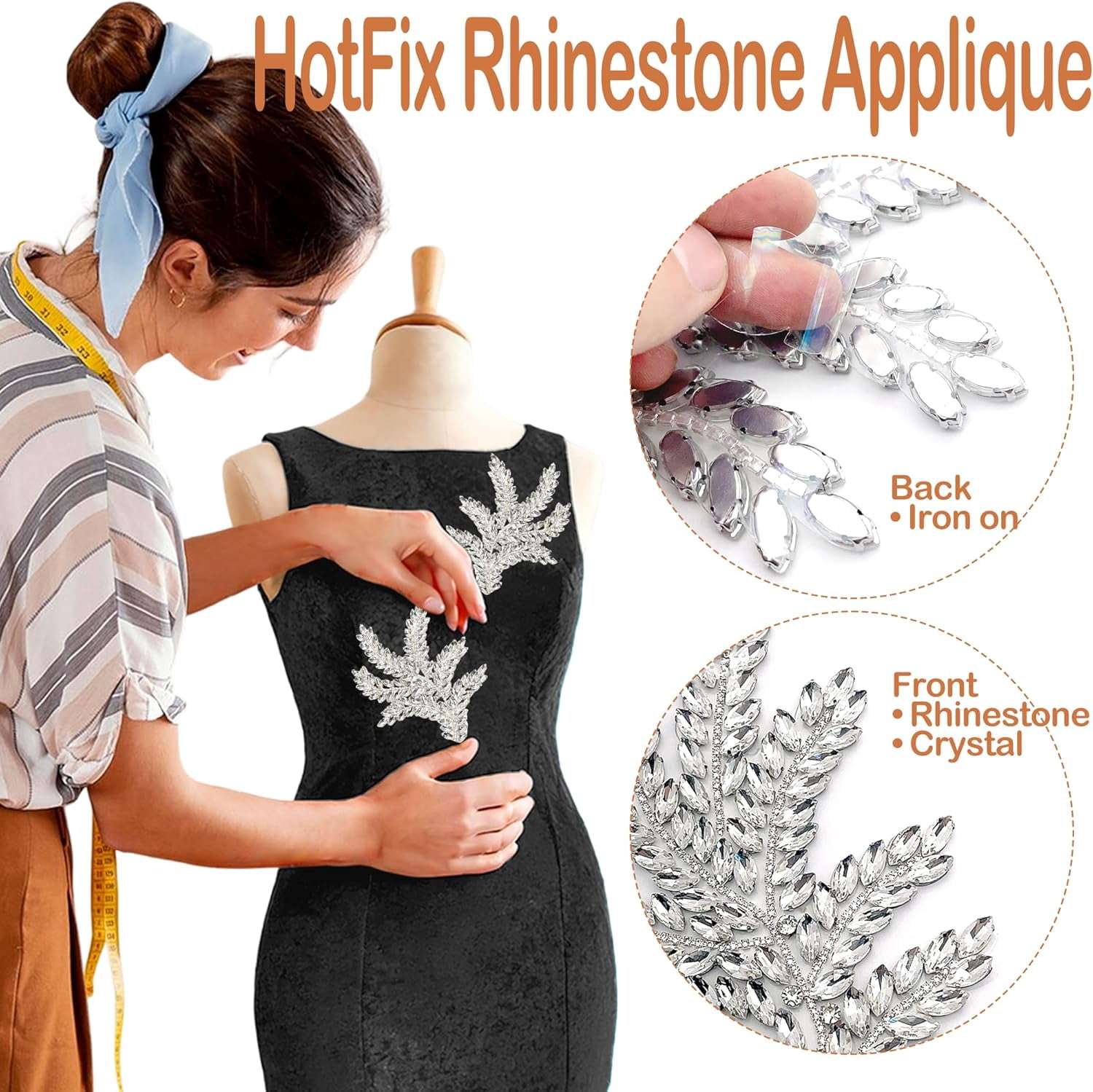 ABPETE 1 Pair Green Leaf Rhinestones Applique, Handmade Crystal Beaded Rosemary Iron on Patches for Bridal Dress Jeans Hat Bag Jacket Embellishment,Bedazzling Gems for Craft(Gold)
