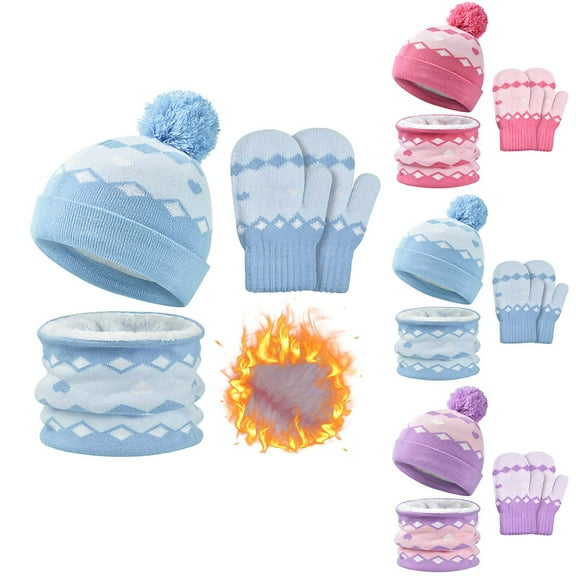 HAOTAGS Boys Girls Winter Hat Set,Thick Warm Ear Flap Hat Mittens 3 Piece Headwear Set Blue Free Size