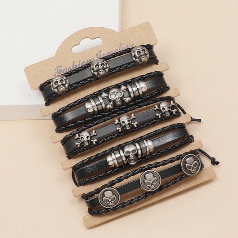Handmade Men's Leather Bracelets 6 Pc. Set Stackable Bracelets
