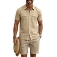 thumbnail image 5 of Men'S Short Sleeve Solid Color Workwear Button Down Shirt With Multiple Pockets And Cargo Shorts Set For Summer Casual Wear,Khaki,XXL, 5 of 6