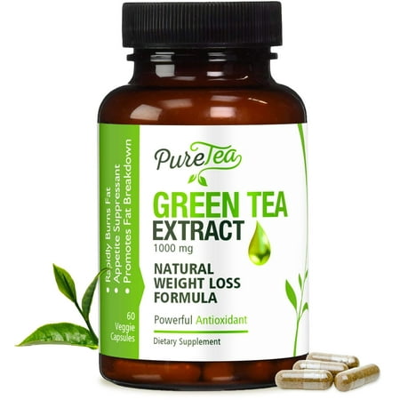 PureTea's Green Tea Extract Metabolism Booster w/EGCG for Weight Loss Vegetarian Capsules, 60 Ct