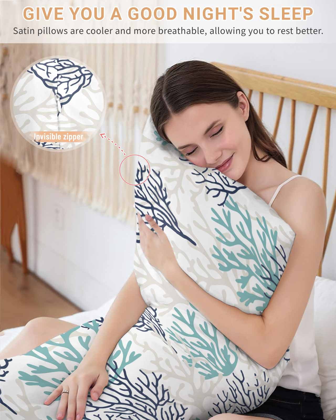 Teal Blue Grey Coral Coastal Pillow Cases Cal King Size, Smooth Satin Pillowcase for Hair and Skin, Summer Beach Seaside Nautical Decorative Cooling Bed Pillow Covers with Zipper, 20x40 Inches