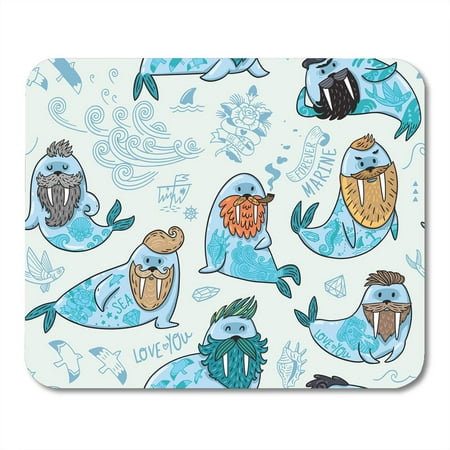 KDAGR Blue with Cartoon Characters of Funny Walruses with Different Haircuts Beards and Tattoos White Mousepad Mouse Pad Mouse Mat 9x10 inch