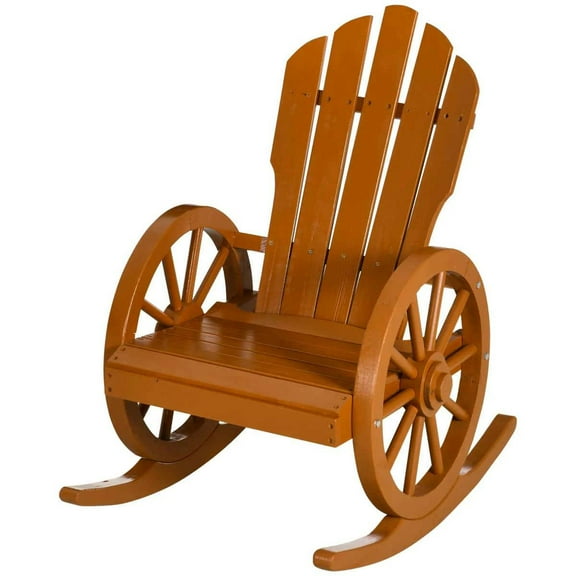 Yardi Yarda Wooden Rocking Chair, Adirondack Rocker Chair withSlatted Design and Oversized Back, Rocking Chair with Wagon Wheel Armrest, Light Brown