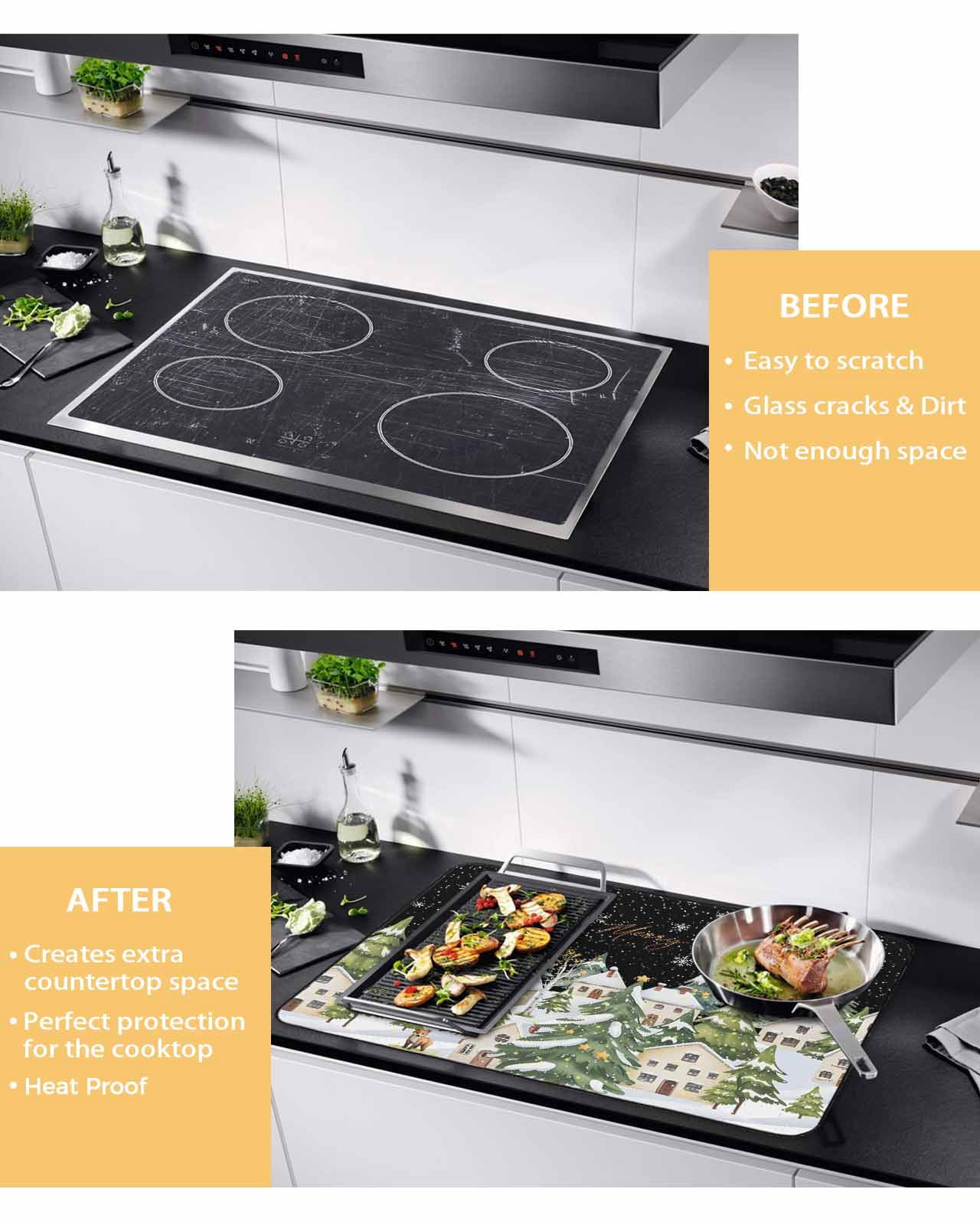 Large Induction Cooktop Protector Mat Christmas Stove Top Covers for Electric Stove, Winter Xmas Trees Snowflakes Country Cabin Black Decorative Stove Burner Cover Mats, Glass Top Stove Cover