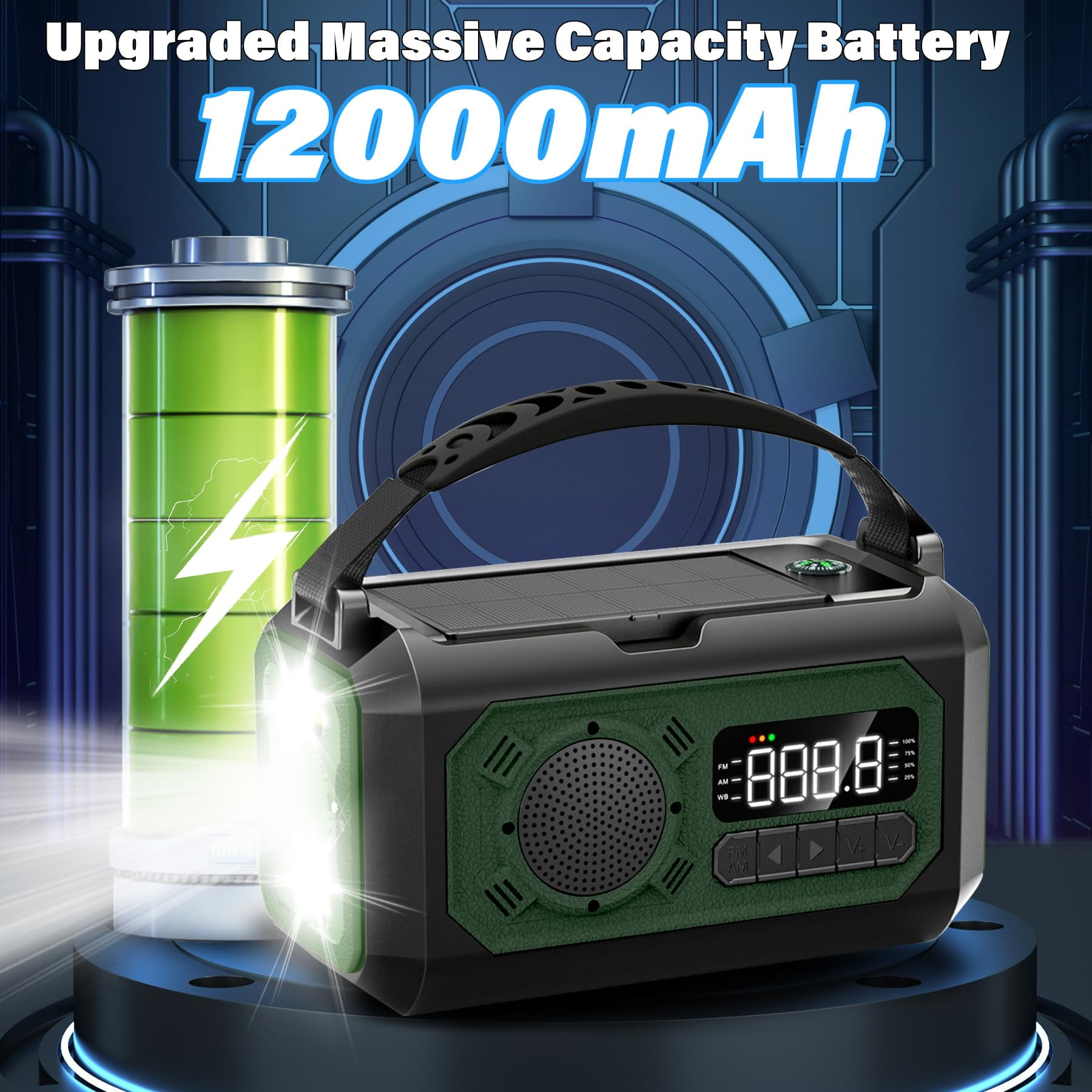 JOUALY 12000mAh Emergency Radio, AM/FM/NOAA Weather Radio,Portable Hand Crank Radio,Multi-Function Solar Radio,2 Solar Panels,USB Type-C Charging,Torch & LED Reading Lamp,SOS Alarm,Compass