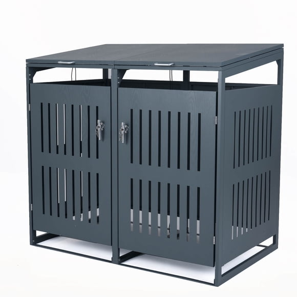 Costway 44 CU.FT Outdoor Trash Can Storage Shed with Gas Struts, Shock Absorbers for 2 Bins Gray