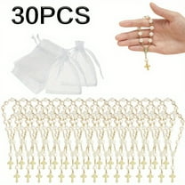 30 Pieces Mini Rosaries Baptism Rosary Beads Bracelet Acrylic Ivory Color Finger Baptism Rosaries Faux Pearls with Organza Bags for Christening Weddings Party Favors