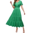 thumbnail image 1 of Robes pour Femmes 2025 Été Manches Courtes Robe Maxi Décontractée Col en V Œillet Volantée Évasée Longue, 1 of 5