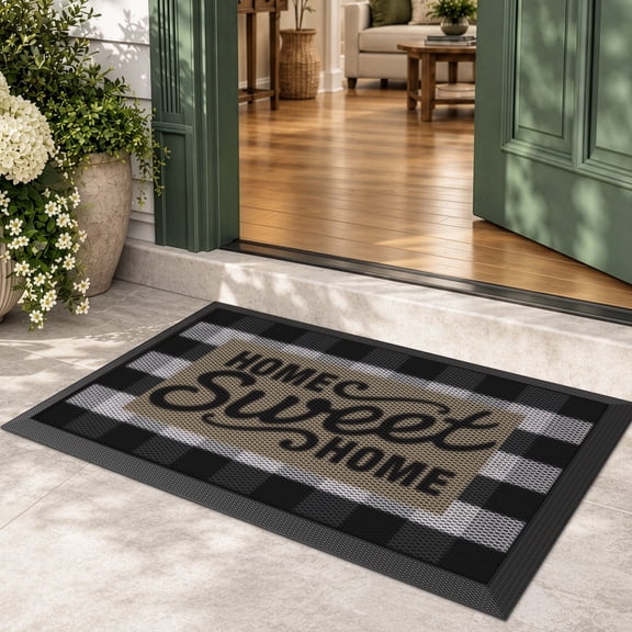 Frabe Outdoor Entrance Rug, Low Profile Welcome Mat with Sweet Home Design, Non-Slip Rubber Backing and Durable Scraper for Front Door Patio, Black 17"x30"