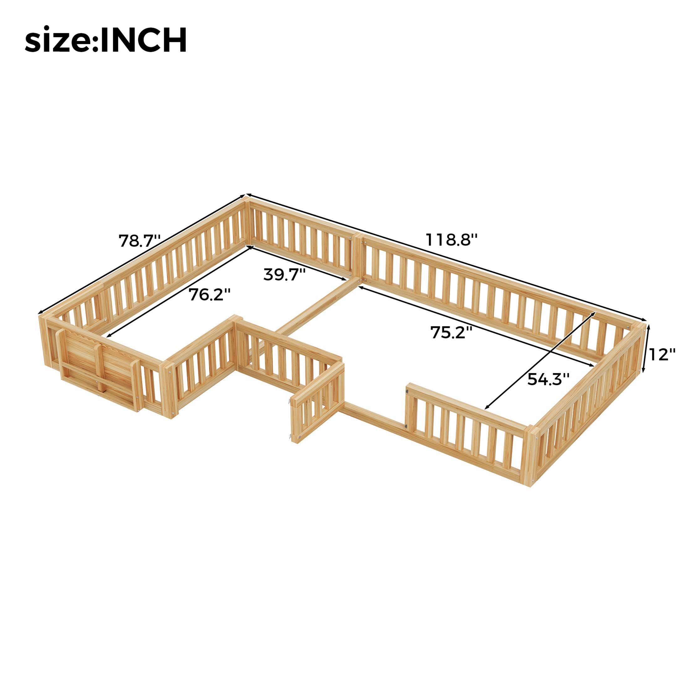 Noble House Lorven Twin & Full L-Shaped Floor Bed with Built-in Bookcase & Lockable Safety Gate, Natural