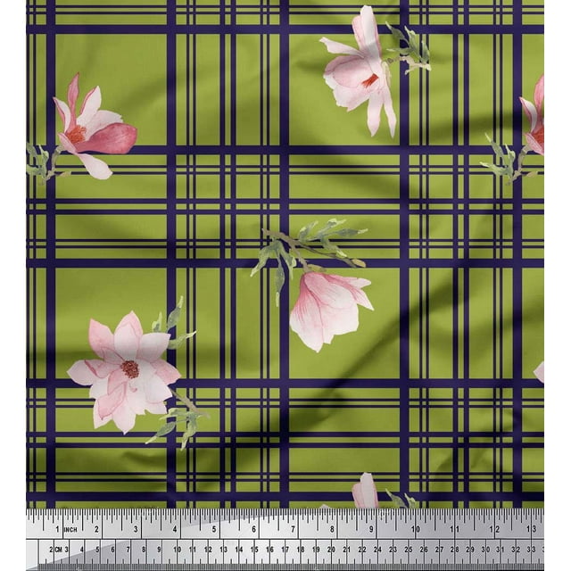 Soimoi Green Velvet Fabric Check & Magnolia Floral Decor Fabric Printed Yard 58 Inch Wide