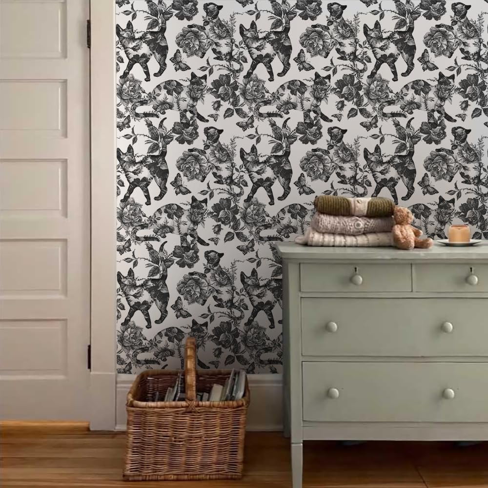 Black White Vintage Floral Cat Animals Butterfly Peel and Stick Wallpaper Self Adhesive Removable Easy Peel Off Contact Paper Stick on Wall Paper for Bedroom Cabinet Renter Friendly
