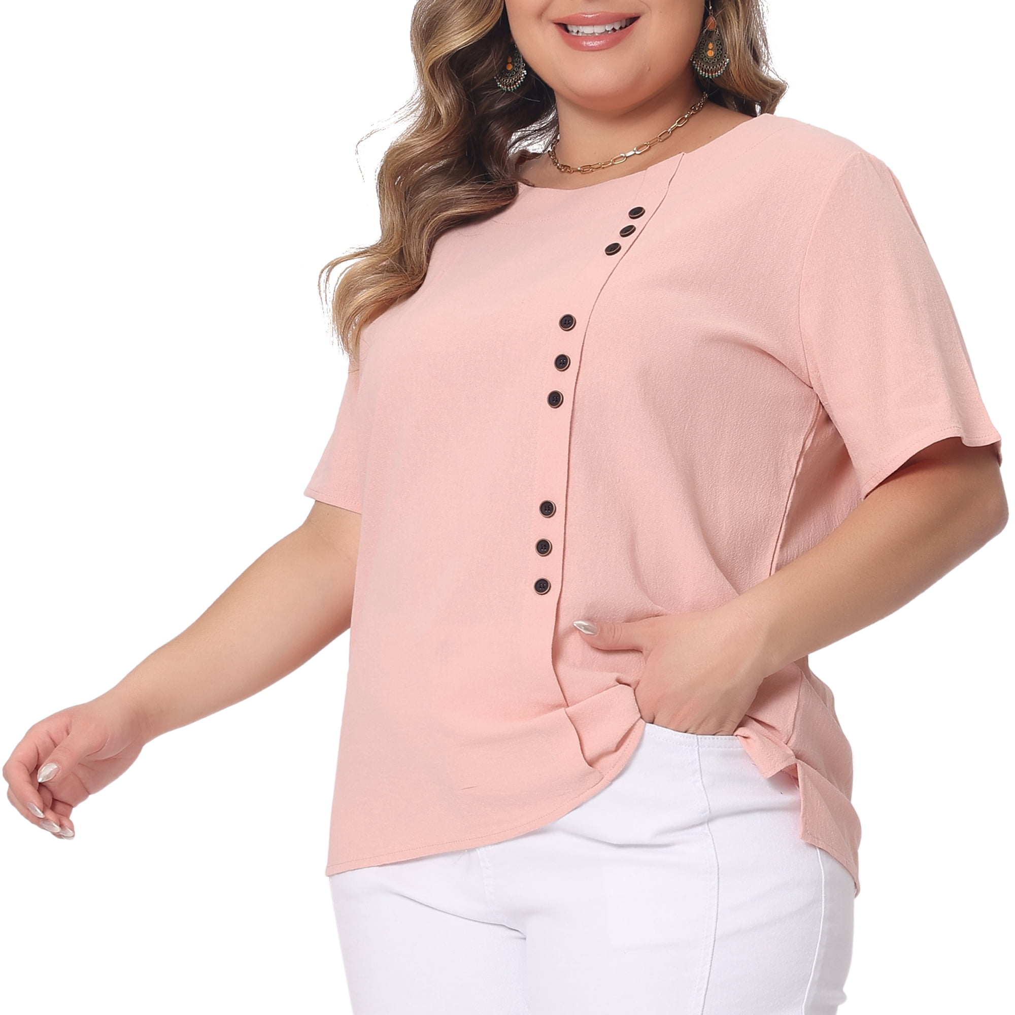 Women's Plus Top Short Sleeve Crew Neck Cotton Linen Blouses Top T Shirt 3X Pink