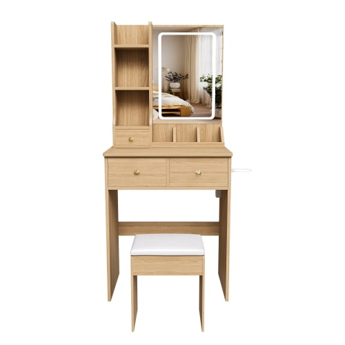 Modern Vanity Desk Set with LED Lighted Mirror, 3 Color Lighting Modes Adjustable Brightness, Built-in Power Outlet & Hair Dryer Holder, Drawers & Open Storage Shelves, Dressing Chair, Walnut