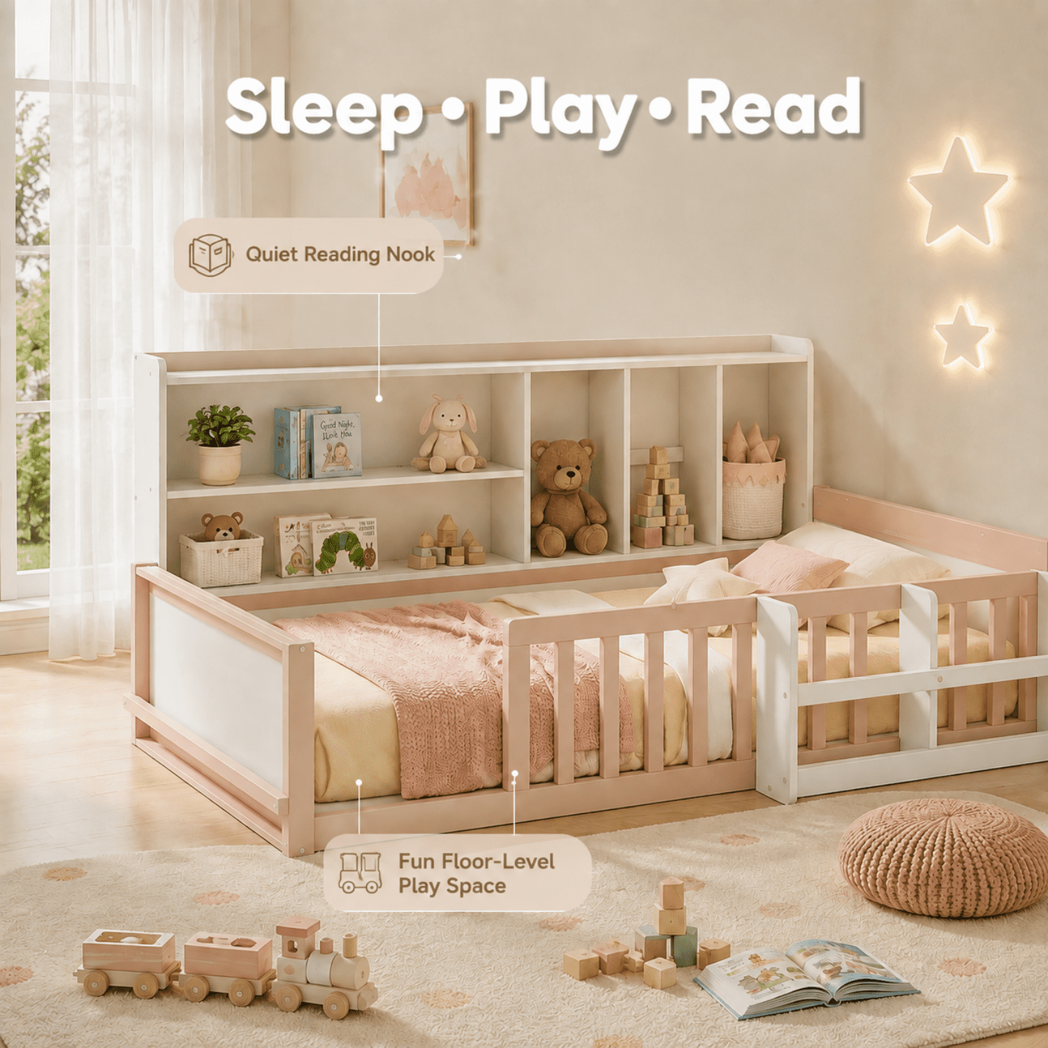 Miniyam Twin Size Floor Bed, Kids Wood Bed Frame with Guardrails, Side Bookshelf, Nude and White