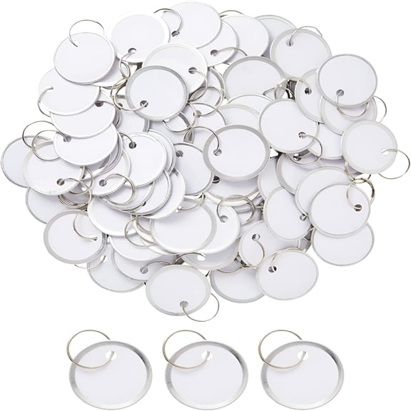 ACDANC 100-Pack Blank White Paper Metal Split 1-Inch Ring Key Labels,Round Tags with Metal Rims for Labeling Car or Household Keys,Luggage,Garage Sales,Pet Collars