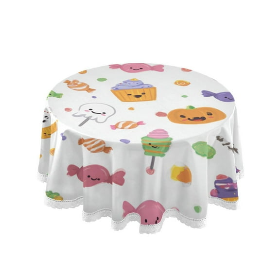 60 Inch Round Tablecloth with White Lace Trim Fall Table Cover for Elegant Dining Decor Halloween Candy and Cupcakes