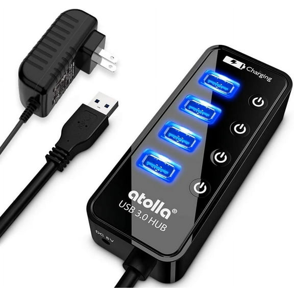 Powered USB Hub, atolla 4-Port USB 3.0 Hub with 4 USB 3.0 Data Ports and 1 USB Smart Charging Port, USB Splitter with Individual On/Off Switches and 5V/3A Power Adapter