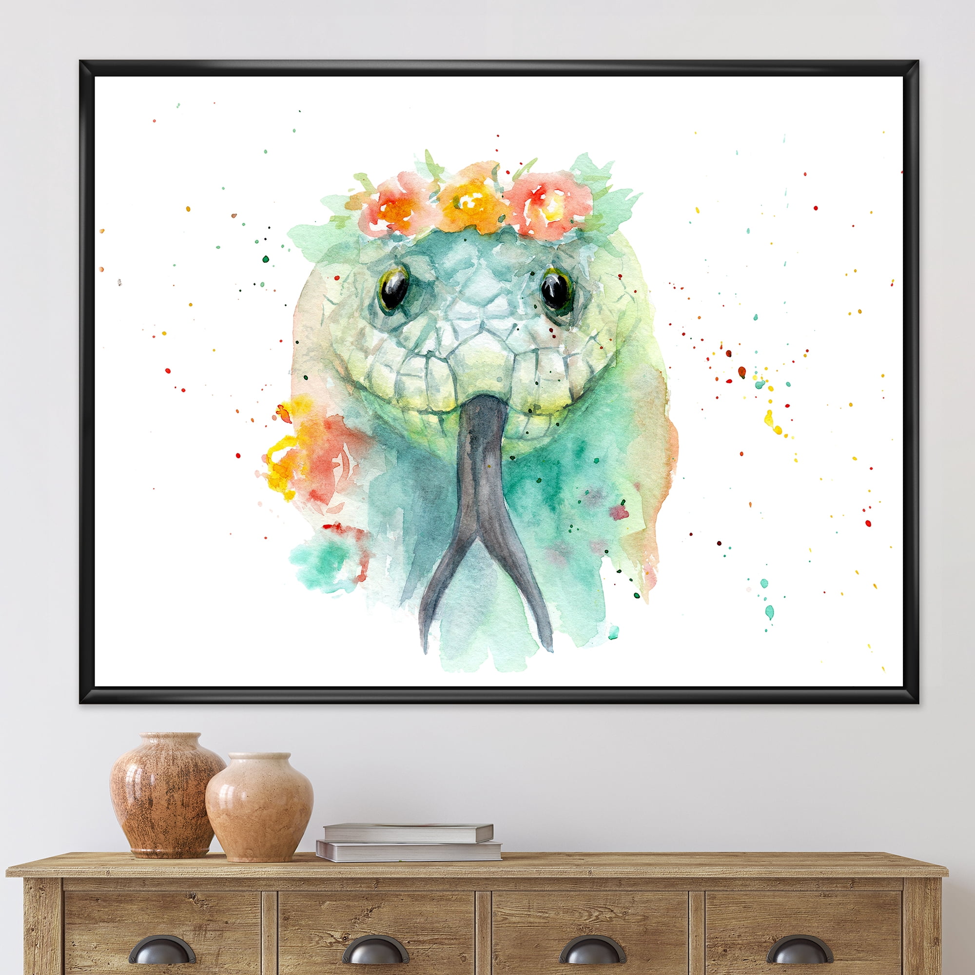 Designart 'Portrait A Green Snake In Flowers' Farmhouse Framed Canvas Wall Art Print