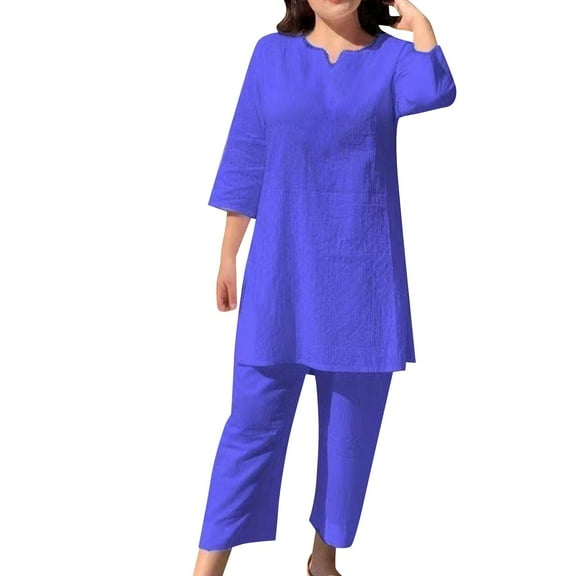 Baqcunre Sweat Set for Women Summer Solid Color Temperament National Style Long Sleeve Fashion Pullover Two Piece Set Wide Leg Pants Woman Outfits for Women Womens Fashion Womens Clothes Blue L