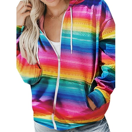 Womens Rainbow Long Sleeve Hoodie Coat Jacket Tie Dye Hooded Sweatshirt ...