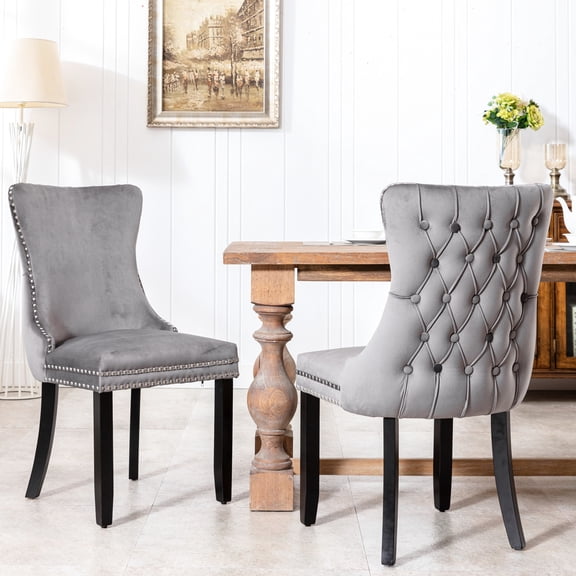 2pcs Gray Upholstered Dining Chairs, Velvet, Backstitching Nailhead Trim, Solid Wood Legs, High Back Support, Modern American Style Of 2 In Gray, Velvet Fabric, Mid-century