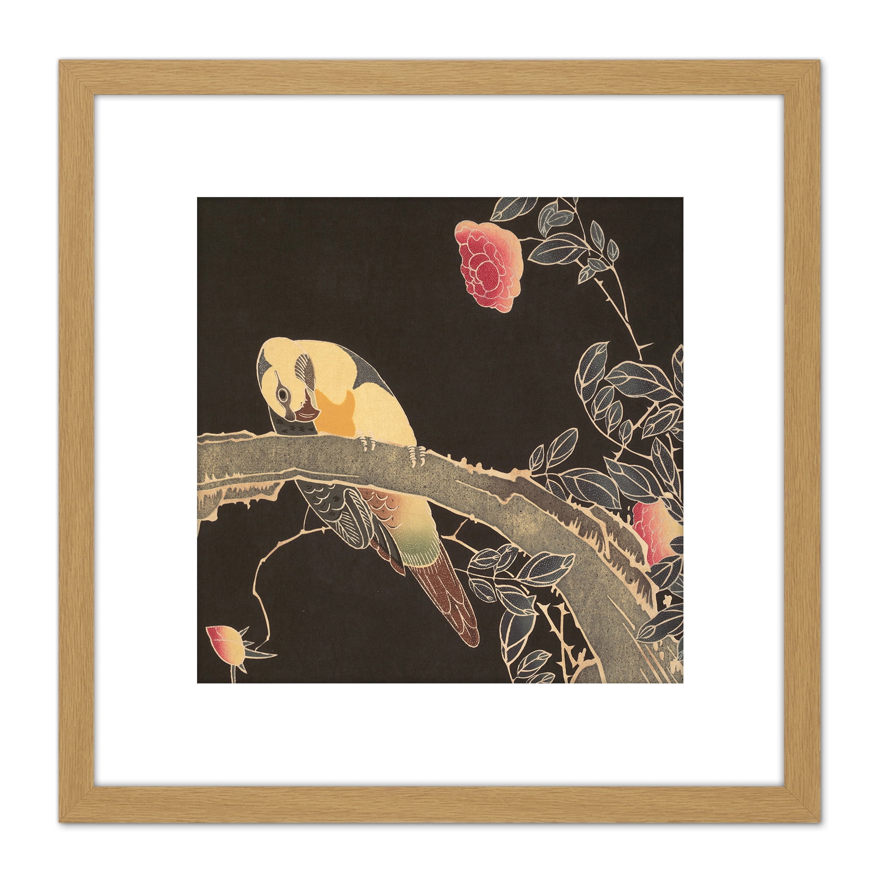Jakuchu Parrot and Flowering Rose Bush Wall Art Canvas Print 18X24 In