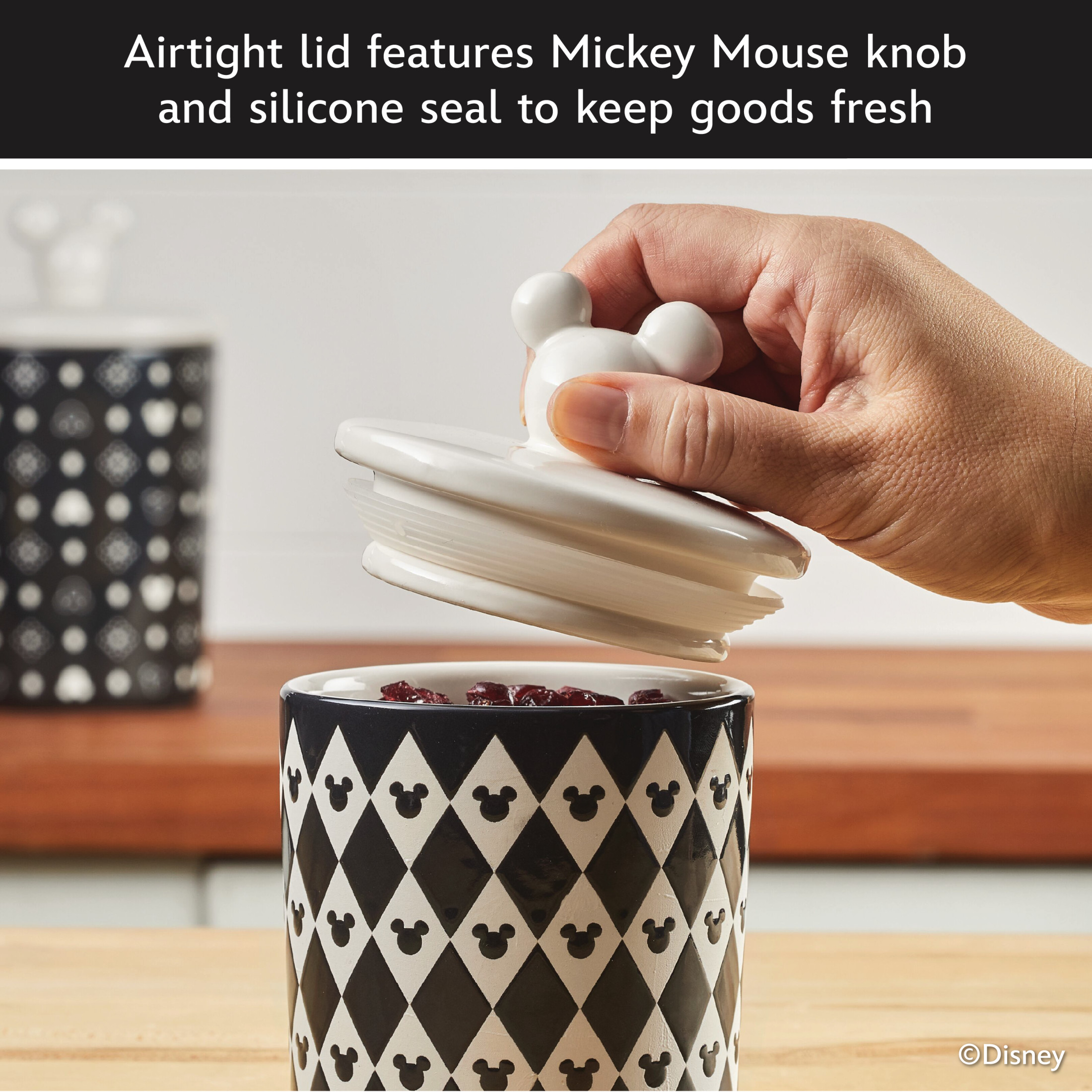 Disney Home Monochrome 2.2 Cup Small Ceramic Canister and lid with a geometric pattern featuring Mickey’s iconic silhouette, Black