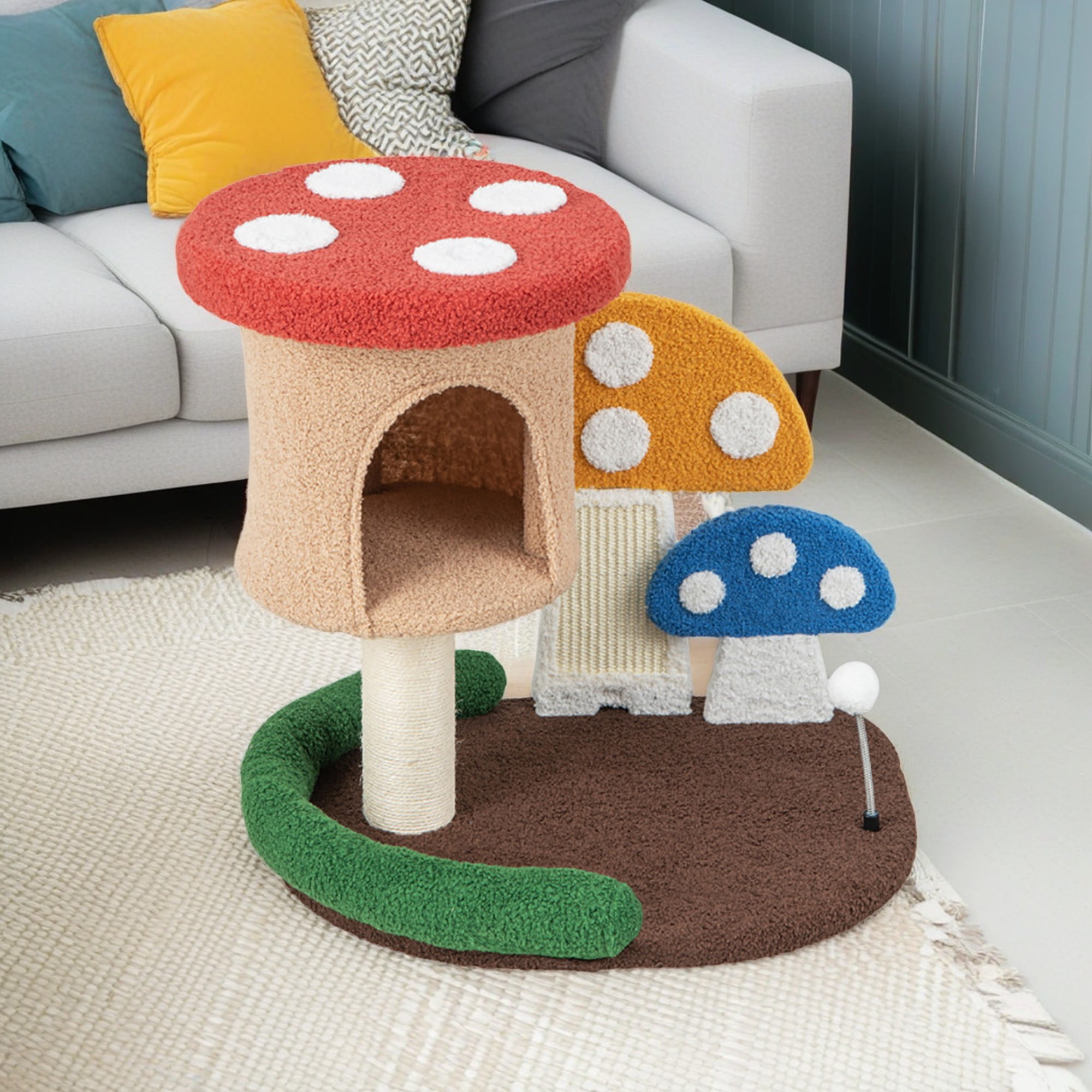 resenkos 23" Cat Tree Tower with Sisal-Covered Scratching Post, 4-In-1 Mushroom Cat Condo with Padded Perch, for Small Spaces, Kittens, Multicolor