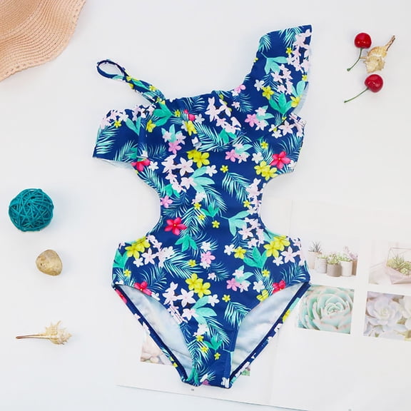 Zylarhe Girls Swimsuit, Girls Swimwear for Girls - Leaf Print Summer swimsuit with Chest Ruffle Edges and Back Hollow Design 6-7 Years Blue