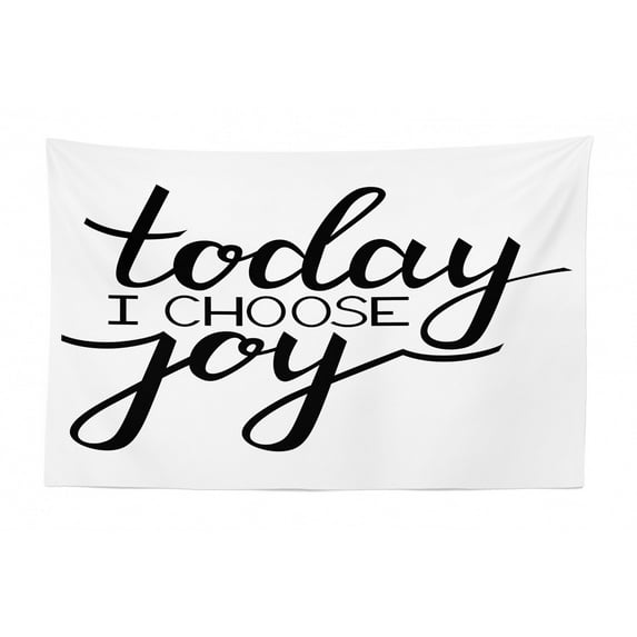 Choose Joy Tapestry, Typography with Grid Stripes Polka Dots Flowers in Text Font Simplistic, Fabric Wall Hanging Decor for Bedroom Living Room Dorm, 2 Sizes, Dark Grey and White, by Ambesonne
