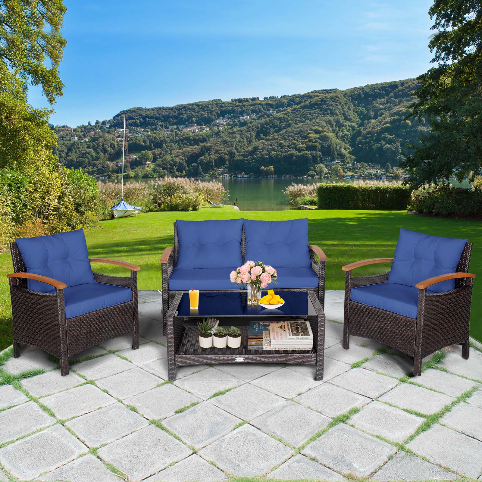 Patiojoy Patio Rattan 4PCS Cushioned Chair Side Table Set Bistro Set Classic Furniture Single Sofa Thick Cushion Loveseat for Garden Navy - image 2 of 7