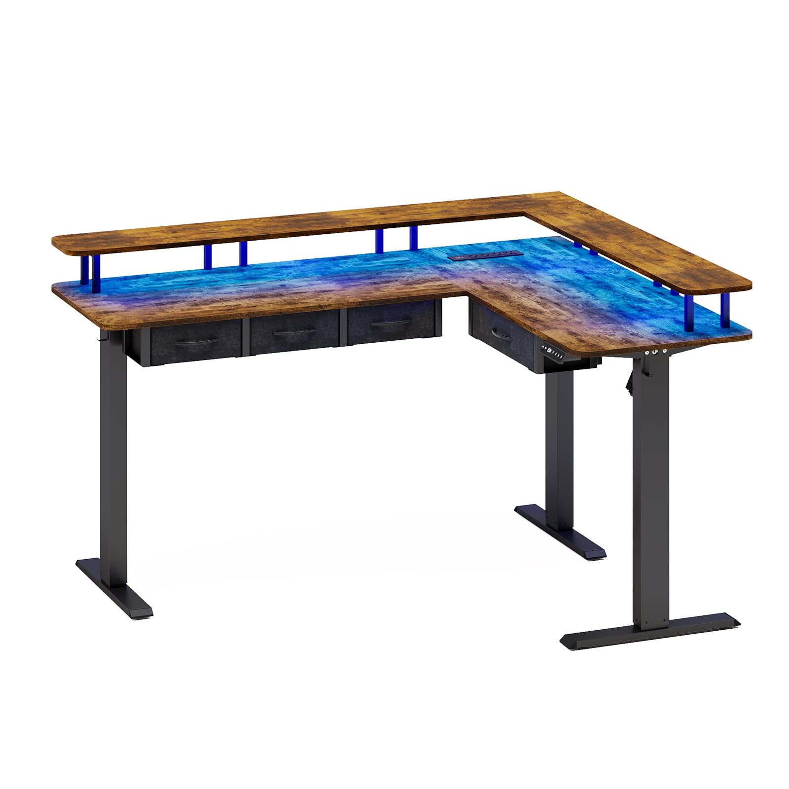 59-inch height-adjustable office desk, L-shaped electric standing desk, equipped with 4 storage drawers, featuring RGB lighting and power socket, corner computer desk, equipped with monitor stand