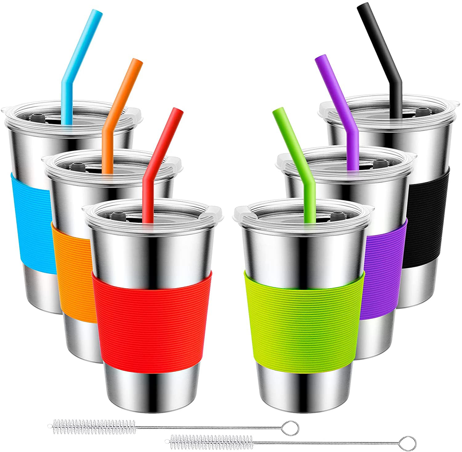 16 Oz Drinking Tumbler with Silicone Sleeves for Kids/Adults 4 Pack Stainless Steel Cups with Lids and Straws Unbreakable Metal 