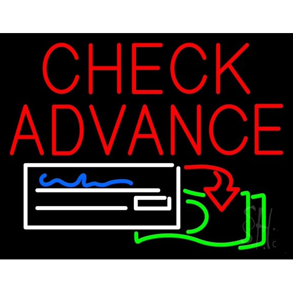 Red Check Advance With Logo LED Neon Sign 15 x 19 - inches, Black Square Cut Acrylic Backing, with Dimmer - Bright and Premium built indoor LED Neon Sign for Pawn store interior decor, and stroefront.