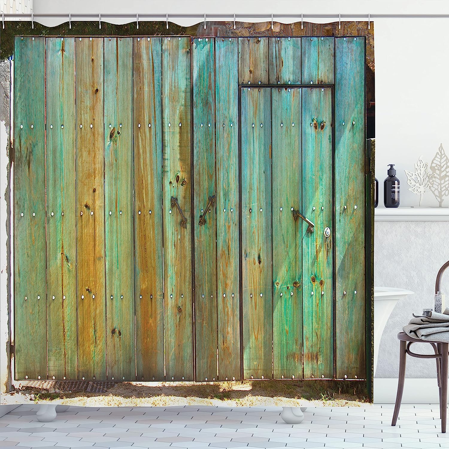 Sonernt Vintage Shower Curtain, Rustic Old Wood Gate Dated Tuscany 