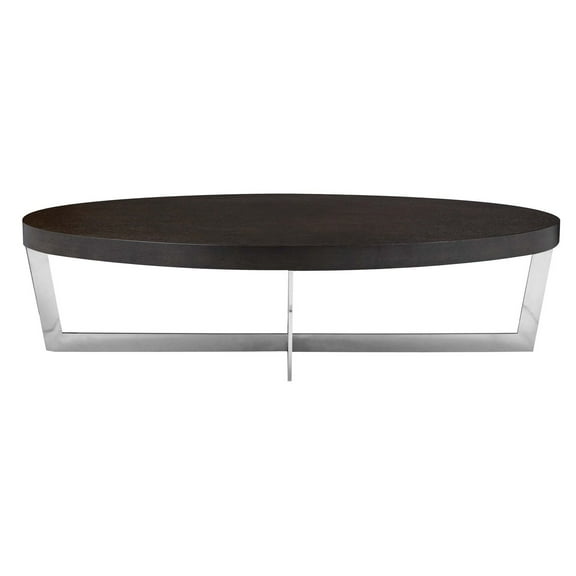 Tini 55 Inch Coffee Table, Oval Top, Chrome Frame, Espresso Brown Finish