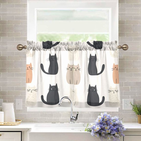 Yayeee Kitchen Curtains Tier Pair Light Filtering 27"x36" Rod Pocket Short Cafe Window Panel, Cute Cartoon Cats