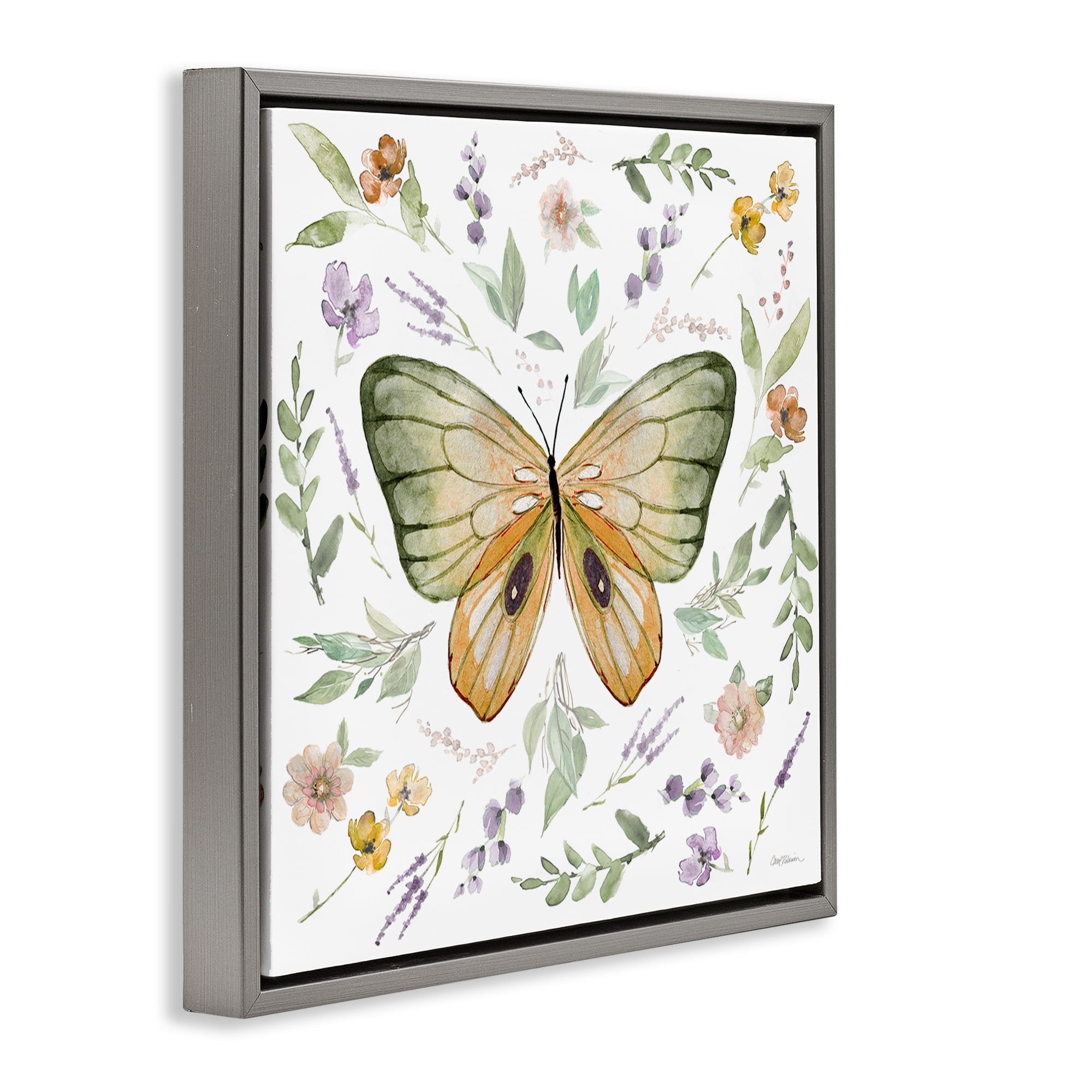 Stupell Industries Cottage Butterfly Botanicals Animals Painting Gray Floater Framed Canvas Art Print Wall Art, 25 x 25